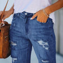 Summer Mid-waist Slim-fit Cropped Pants Ripped Tassel Jeans For Women