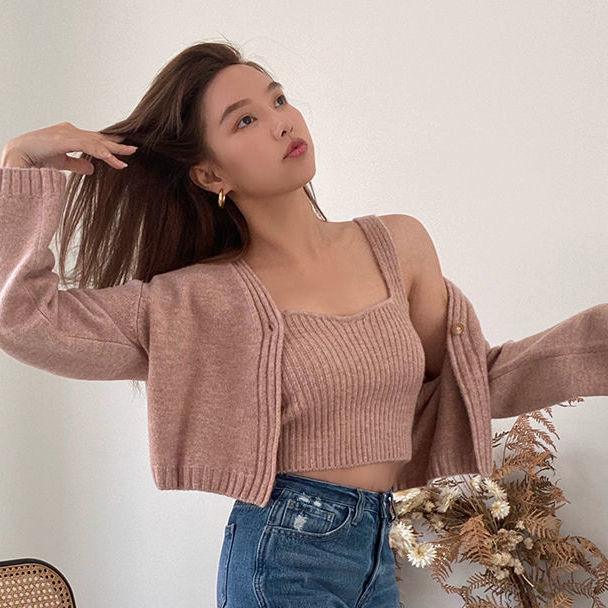 Autumn And Winter Korean Version Of V Neck Solid Color Sweater Knit Suit