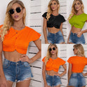 Cropped Navel Bow Round Neck Short Sleeve T-Shirt Top