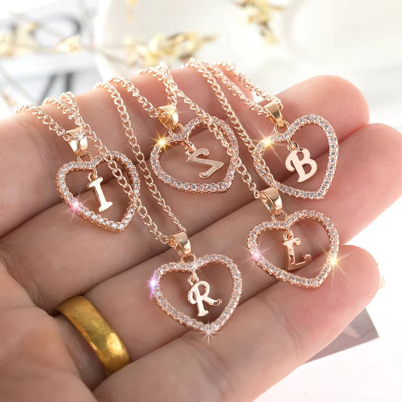 26 Letters Heart-shaped Zircon Pendant Necklace Stainless Steel Gold Color Chains Jewelry Birthday Gift For Women