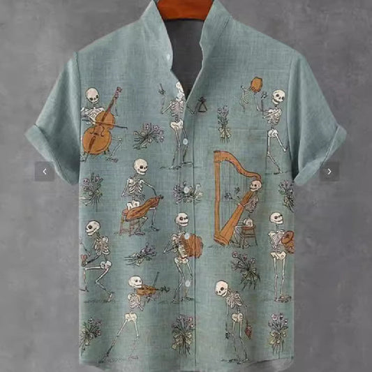 Abstract Pattern 3D Digital Printing Loose Trendy Short Sleeve Stand Collar Cardigan Shirt