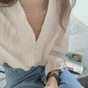 Retro Korean Type Loose V-neck Lace Stitching Shirt