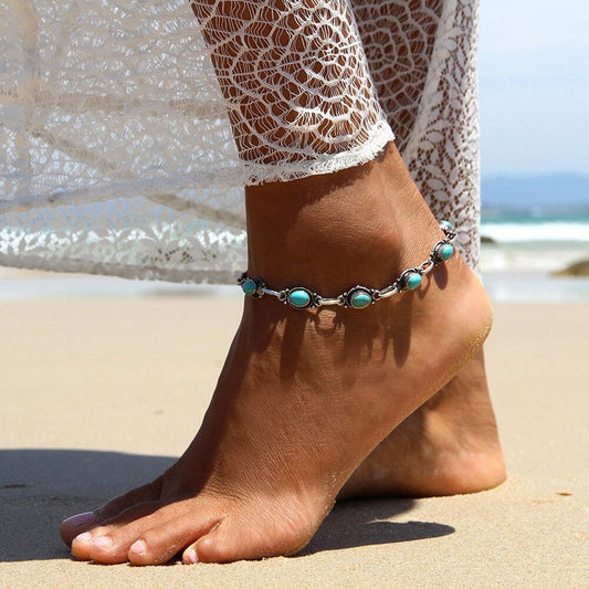 Retro Ethnic Style Alloy Foot Ornaments Fashion Simple Turquoise Anklet