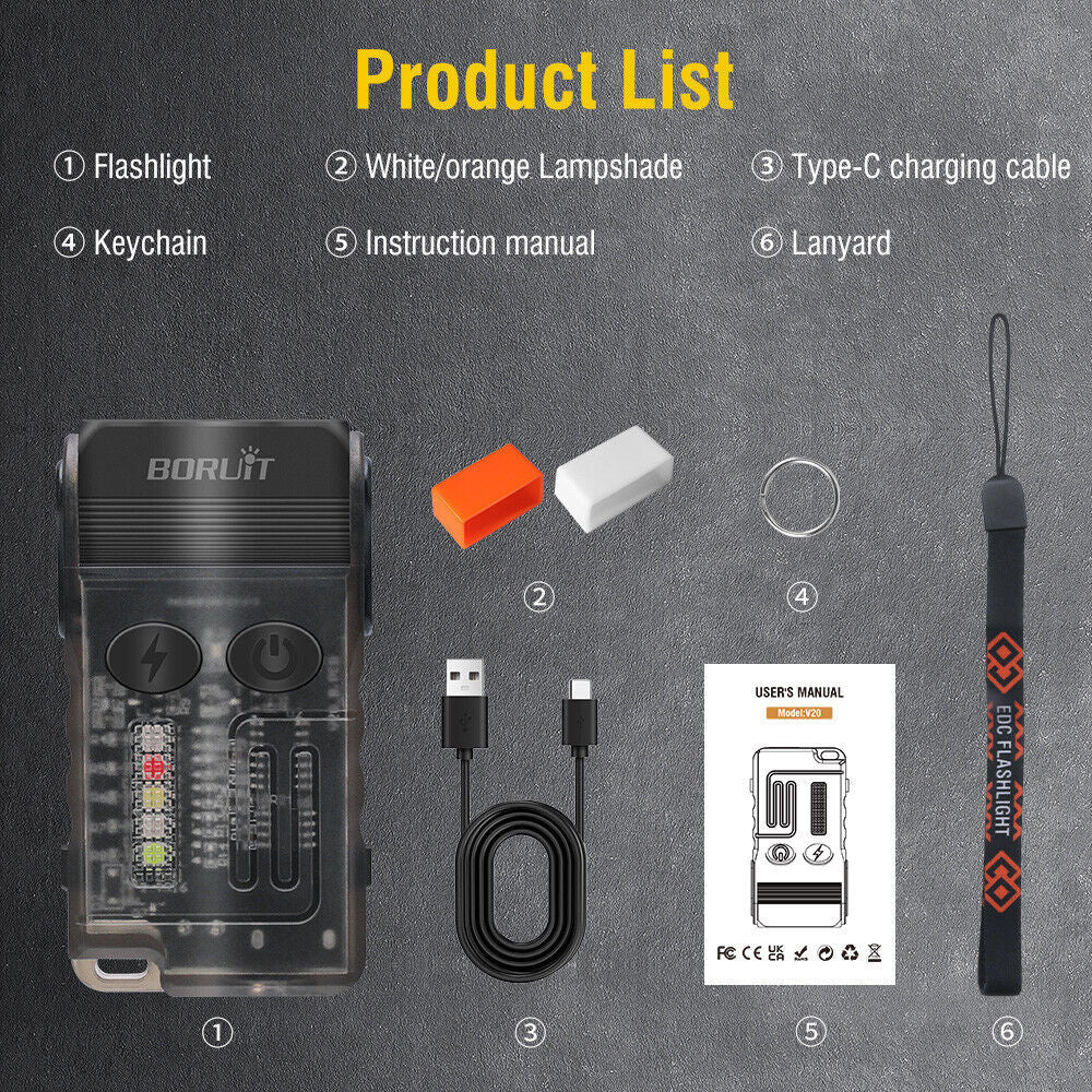 BORUIT Mini V20 Keychain Flashlight LED Rechargeable Waterproof Alarm Torch  The UK Does Not Include VAT, Which Needs To Be Borne By Oneself. Please Consider Carefully Before Placing An Order