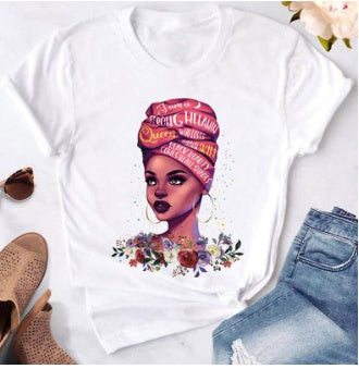 African Girl Fashion Explosive Head Women'S White Round Neck T-Shirt