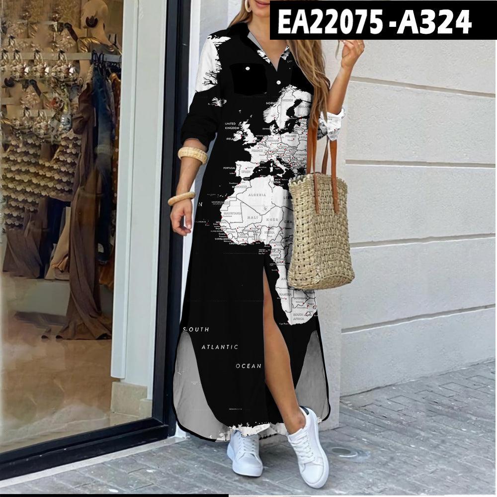 Women's Map Digital Printing Fashion Shirtdress