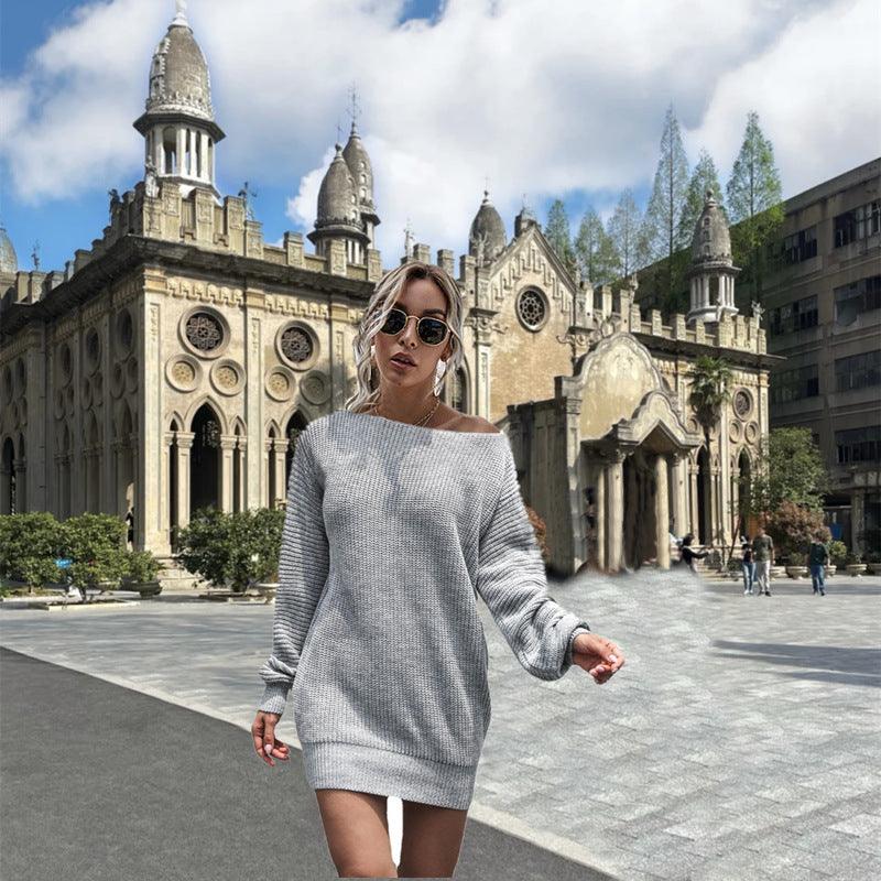 Women's Casual Off-the-shoulder Lantern Sleeve Knitted Sweater Dress