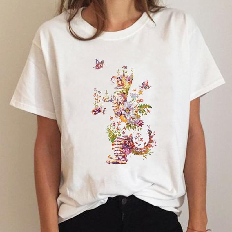 Women's Short Sleeve Cat Print