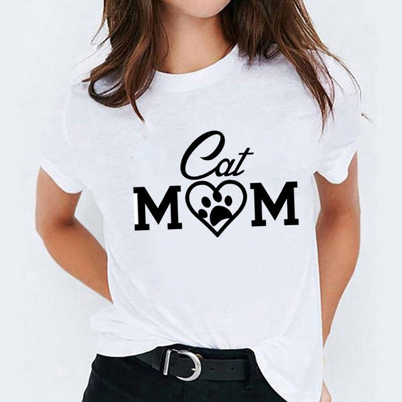 Cat Flamingo Round Neck Print T-shirt Short Sleeve Women's Clothing