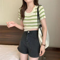 Women's Fashion Striped Knitted Short Sleeve T-shirt Top