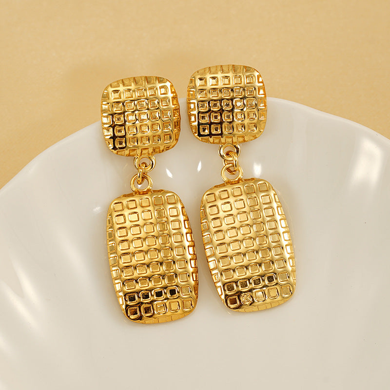 Women's Stainless Steel Square Textile Stud Earrings Retro