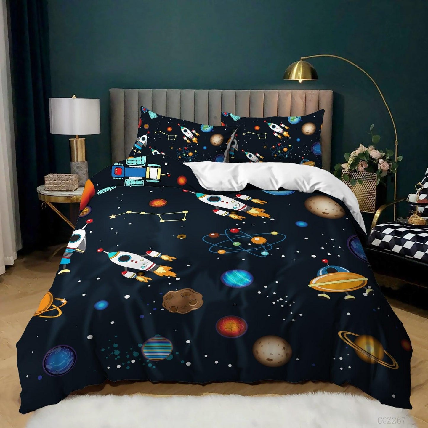 Spaceship Rocket Pattern Down Quilt Cover Suit Digital Printing Bedding For Kids Bedroom