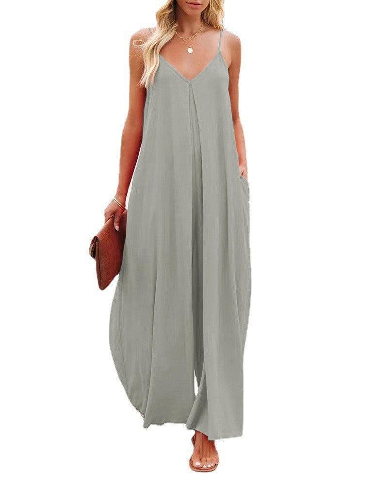 Women's Sling Wide-leg Pants Solid Color Pocket Casual Jumpsuit