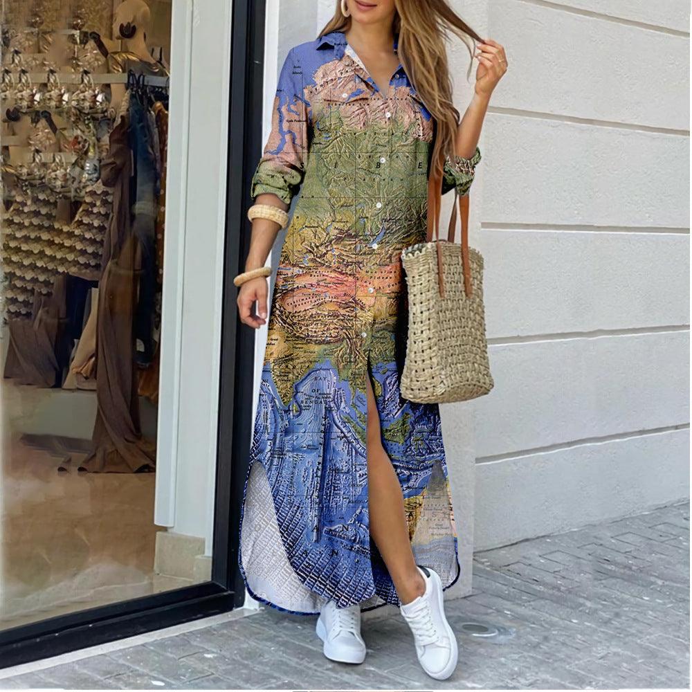 Women's Map Digital Printing Fashion Shirtdress