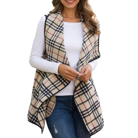 Women's Vest Top Check Lapel Sleeveless Cape