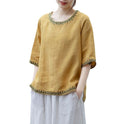 Artistic Retro Cotton And Linen Solid Color Embroidered Crew Neck Half Sleeve