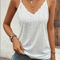 Solid Color V Neck Eyelet Cami Top, Elegant Scallop Trim Sleeveless Top For Spring & Summer, Women's Clothing