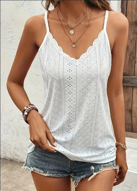 Solid Color V Neck Eyelet Cami Top, Elegant Scallop Trim Sleeveless Top For Spring & Summer, Women's Clothing