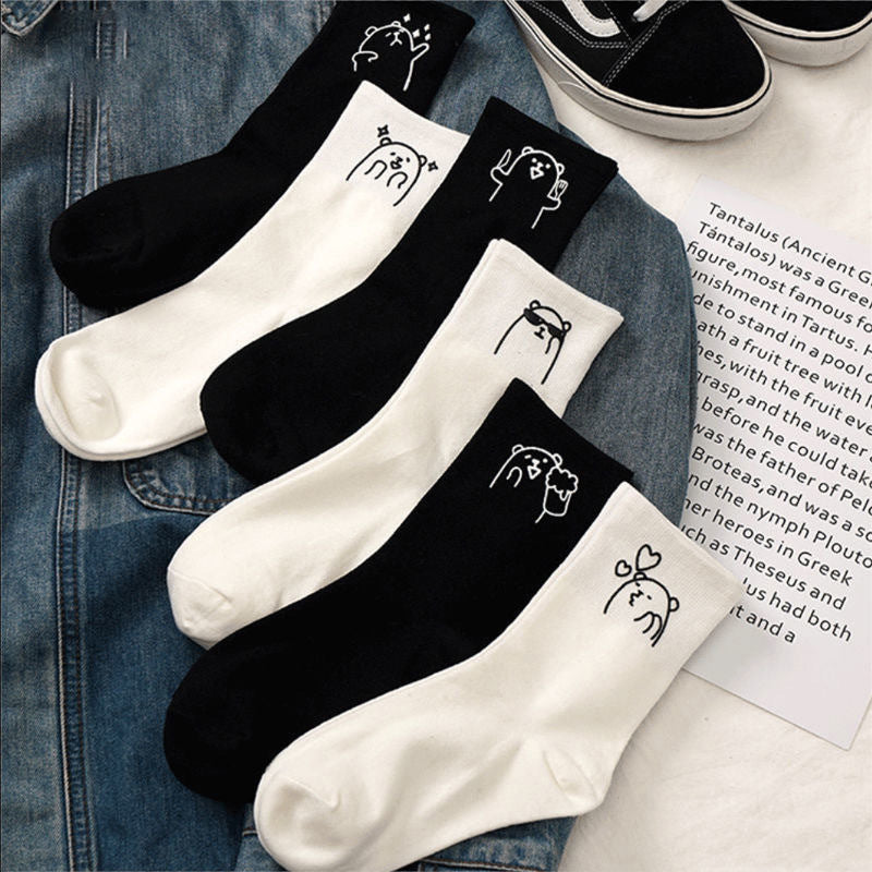 Trendy Simple Japanese Cute Cartoon Bear Solid Color Cotton Socks
