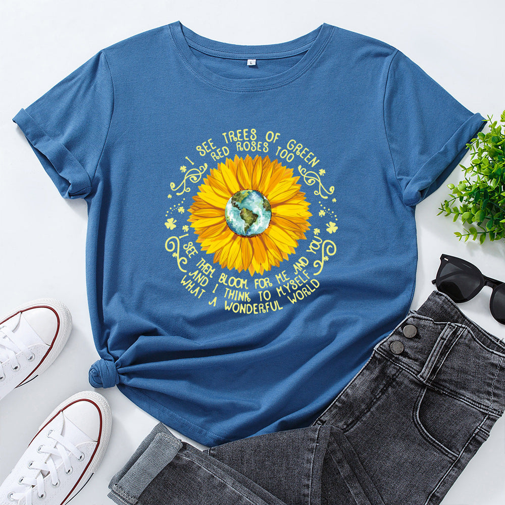 Bee Festival European And American Loose Round Neck Sunflower Short Sleeve