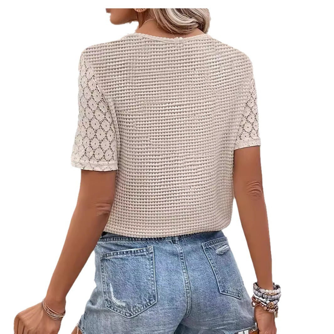 Summer New Lace Stitching Short Sleeve V-neck Short Sleeve