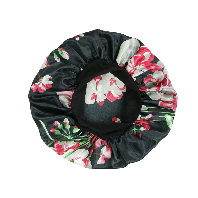 New Satin Print Nightcap Wide-brimmed Elastic Shower Cap