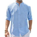 Men's Stand Collar Long Sleeve Solid Color Cotton Shirt