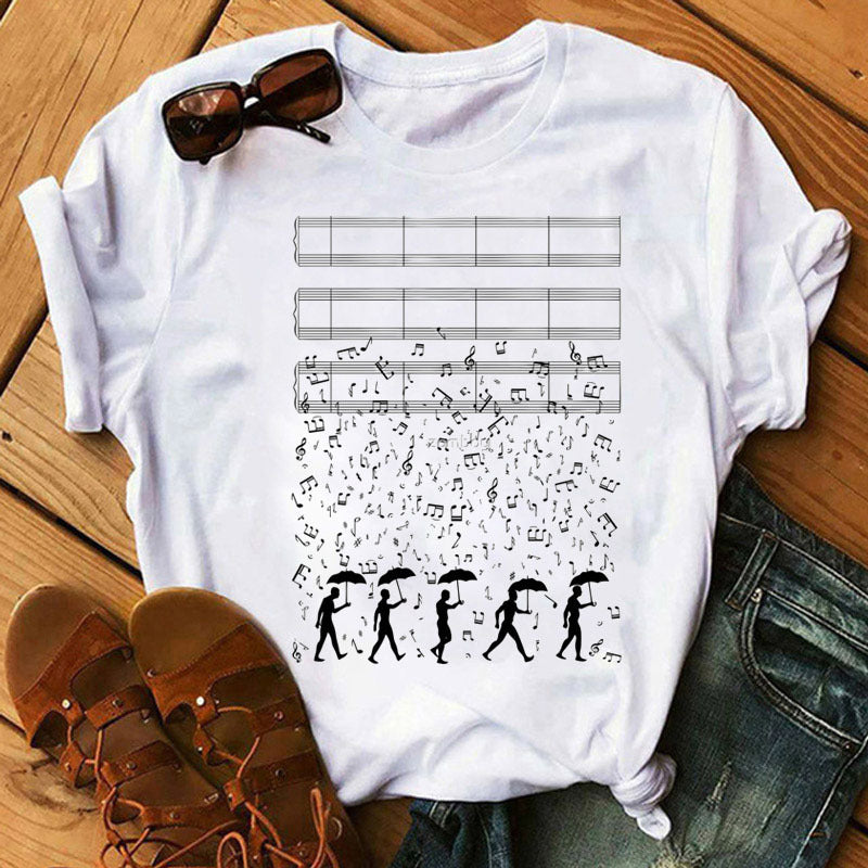 Large Size Women's Music Note Printing Kawaii Top Female Wholesale Supply Round Neck Short Sleeve T-shirt Female