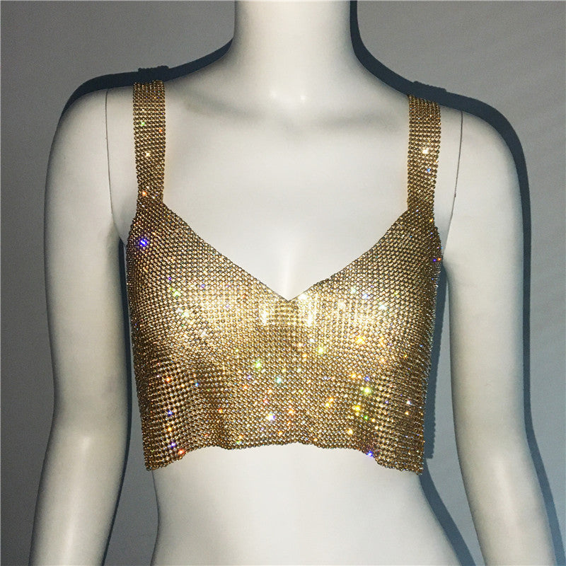 Deep V Sexy Rhinestone Metal Camisole Split Short Top