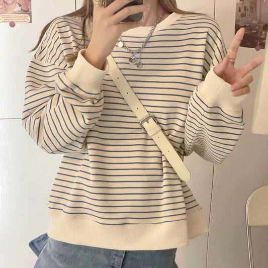 Korean Style Loose Design Striped Top Round Neck