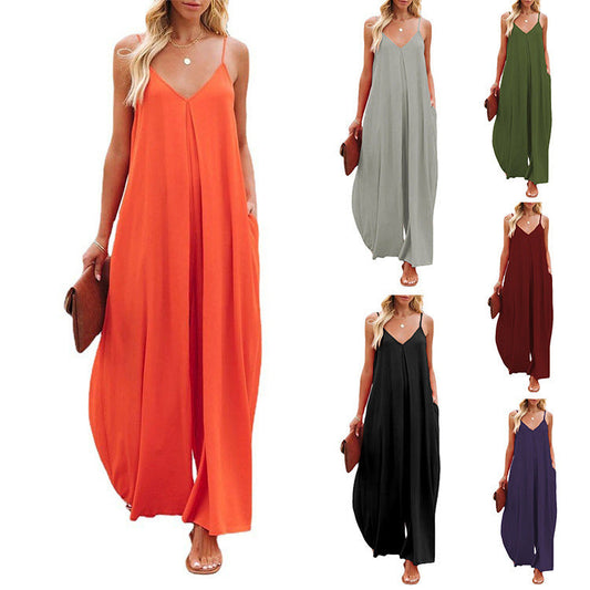 Women's Sling Wide-leg Pants Solid Color Pocket Casual Jumpsuit