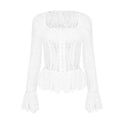 Women's White Lace Long-sleeved Square-neck Top