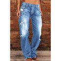 Women's Denim Trend Mid Waist Ripped Leisure Straight-leg Pants