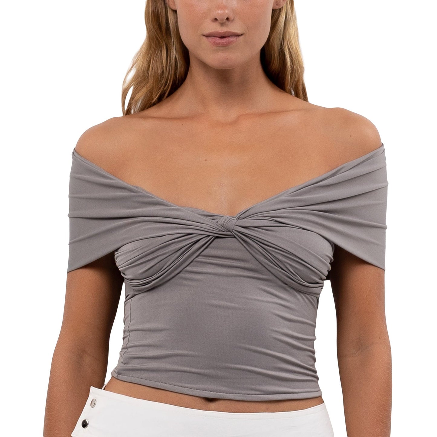 Solid Color Sleeve Off-shoulder Pleated Tight Cropped Top