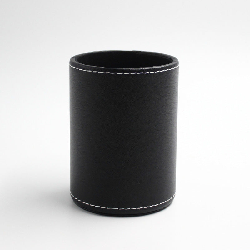 Round Small Size Black Leather Pen Container Student Office Unisex