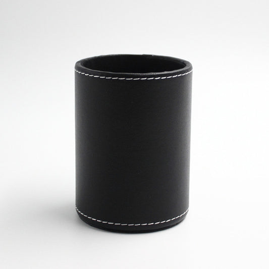 Round Small Size Black Leather Pen Container Student Office Unisex