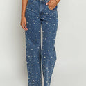 Oblique Waist Cross Beaded Straight-leg Frayed Hem Jeans
