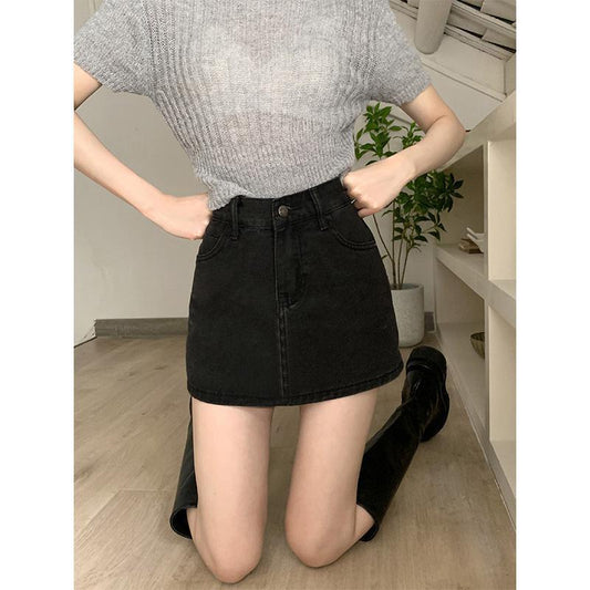 Denim Skirt Women's Black All-match High Waist A- Line Sheath Skirt