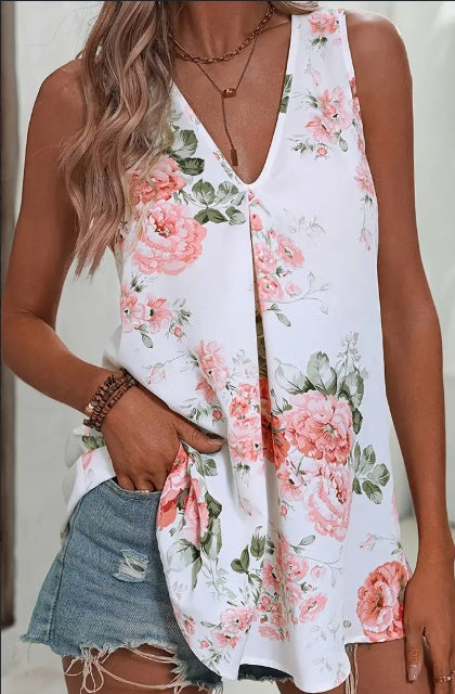 Floral Print V Neck Tank Top, Elegant Sleeveless Top For Spring & Summer, Women's Clothing