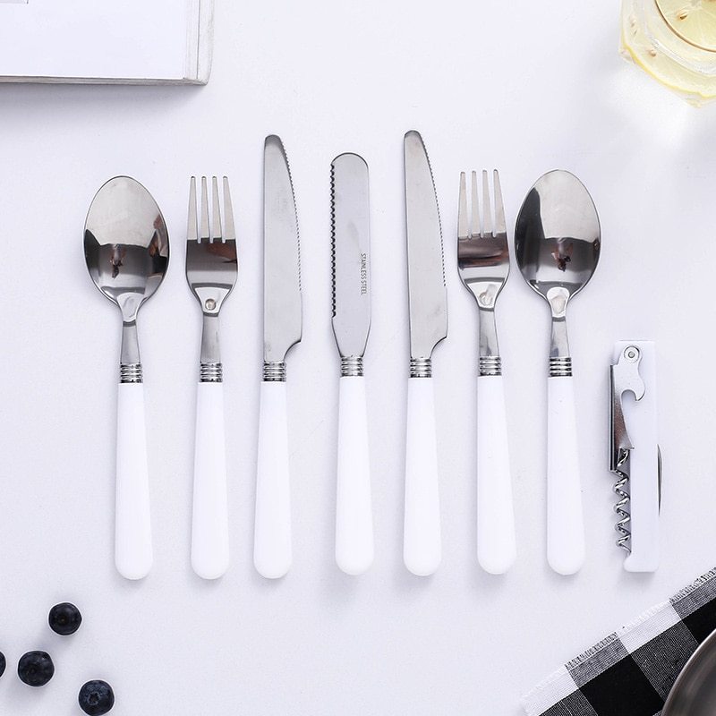 Outdoor Picnic Camping Tableware Fork Spoon Knife Bottle Opener Stainless Steel Foldable Pocket Tableware Set Hike Kitchen Tools