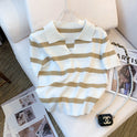 Striped V-neck Short-sleeved T-shirt Ice Silk Knitted Top