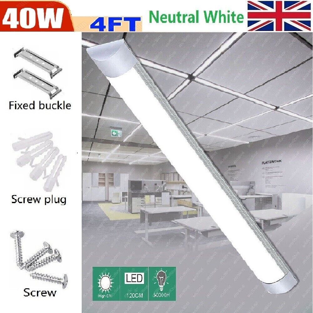 4FT LED Ceiling Lamp Office Strip Lights Shop Garage Batten Tube Light 4000K