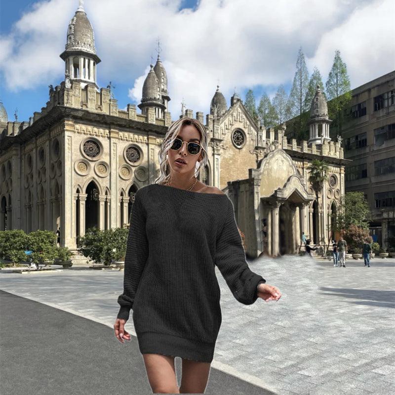 Women's Casual Off-the-shoulder Lantern Sleeve Knitted Sweater Dress
