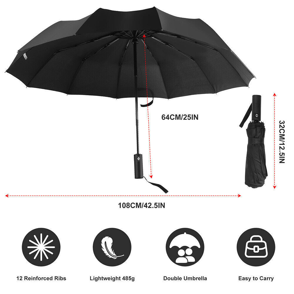 12 Ribs Strong Automatic Umbrella Windproof Stormproof Compact Folding Umbrella