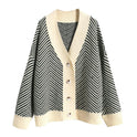 V Neck Diamond Striped Lazy Style Literary Knit Cardigan Jacket