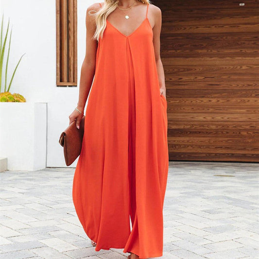 Women's Sling Wide-leg Pants Solid Color Pocket Casual Jumpsuit