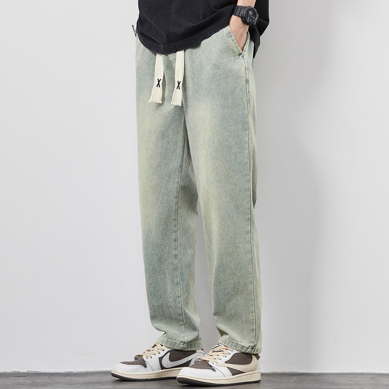 Summer Loose Wide Leg Jeans Pants Men Fashion Drawstring Elasticated Straight Trousers