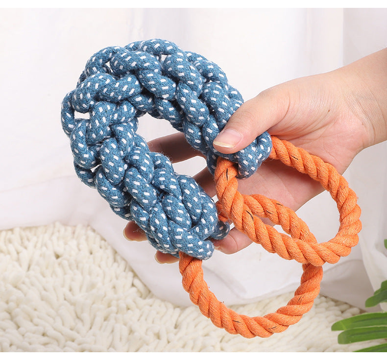 Pet Dog Toy Double-ring Chewable Cotton Knot Toy Tooth Cleaning Durable Braided Bone Rope Pet Teething Toy Pet Supplies