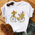 Women's Fun Bicycle And Sunflower Print Short Sleeve T-Shirt