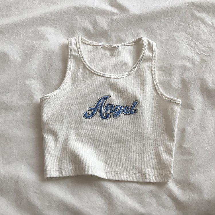 Embroidered Letter High Waist Short Midriff-baring Tank Top